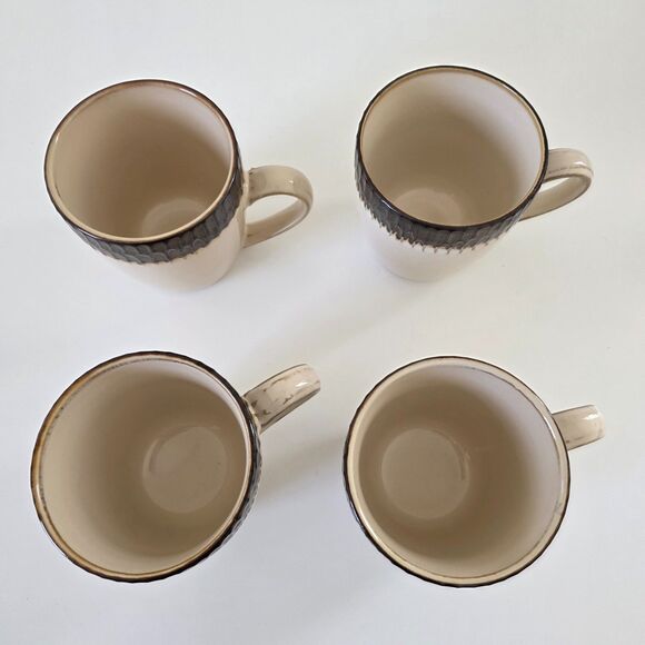 Crate & Barrel Ceramic Mugs Set of 4 Teal Bronze Textured Asian Style Mid Centur - Picture 5 of 13